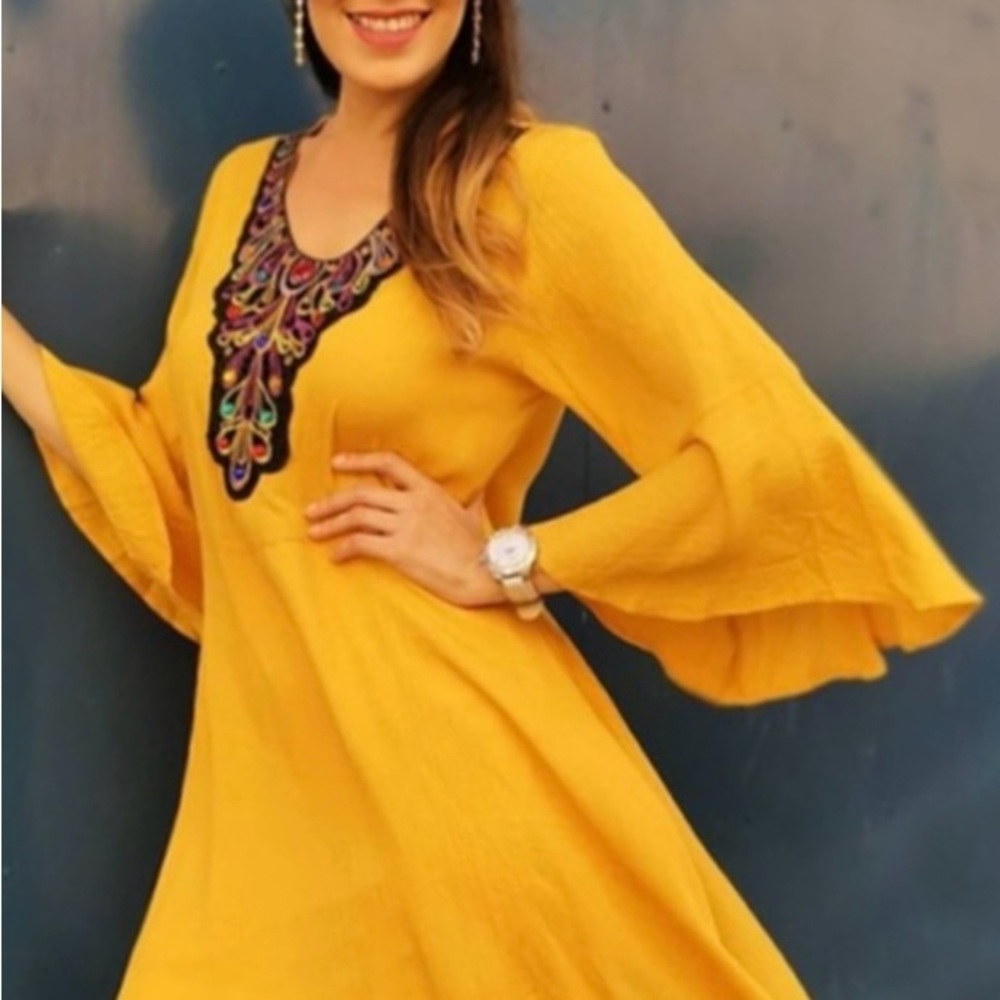 Embroidered Mustard Yellow Long Sleeve Flare Dress